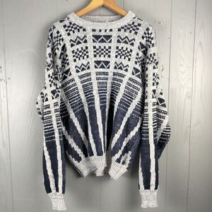 Vintage Weekends Sweater Mens Large Blue Crew‎ Neck 80s Cosby Grandpa Geometric